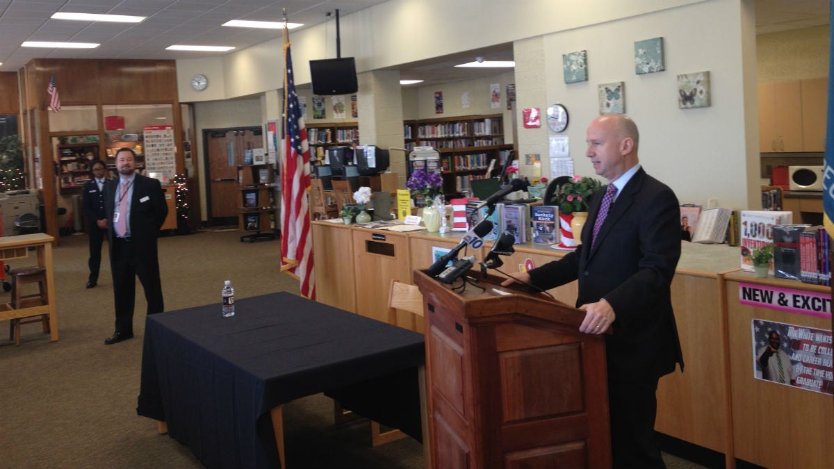  Gov. Jack Markell discusses testing at William Penn High School in New Castle. (Avi Wolfman-Arent/for Newsworks) 