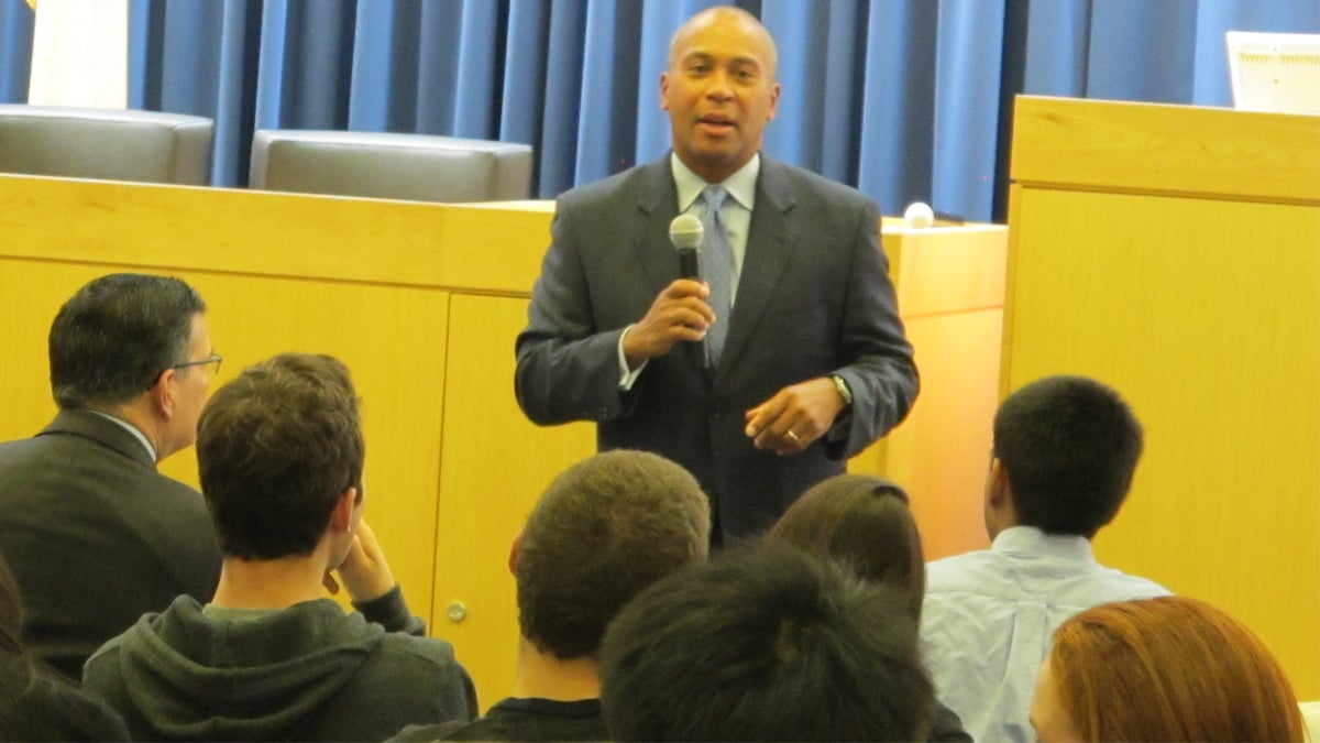  Massachusetts Gov. Deval Patrick talks with Princeton University students during a campaign stop in support of U.S. Senate candidate Cory Booker. (Phil Gregory/WHYY)  