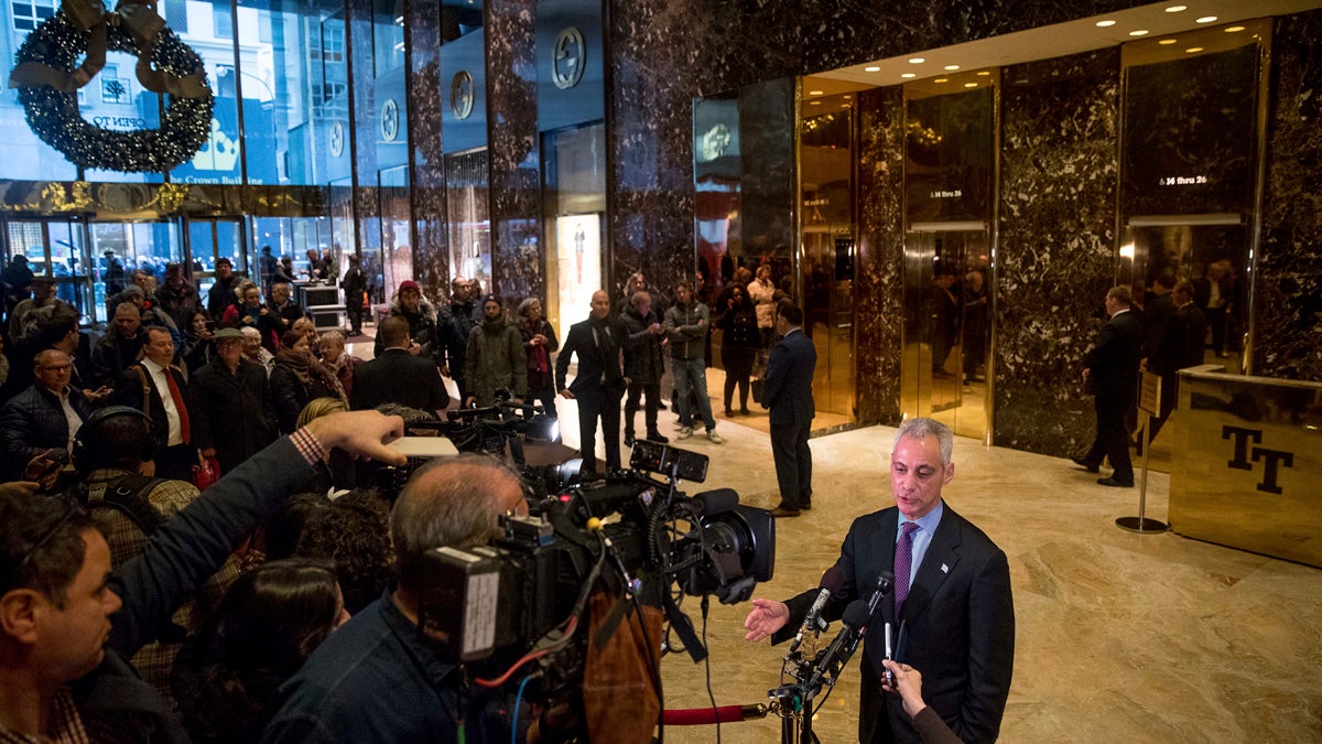 Chicago Mayor Rahm Emanuel speaks with members of the media after meeting with President-elect Donald Trump at Trump Tower in New York