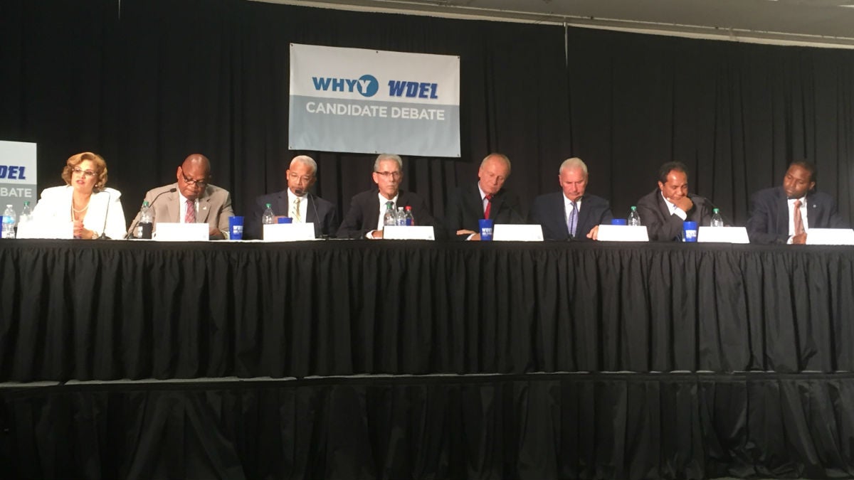 The eight candidates running for Wilmington mayor debate the issues Wednesday night at Del. Tech's Wilmington campus. (Zoë Read/WHYY)