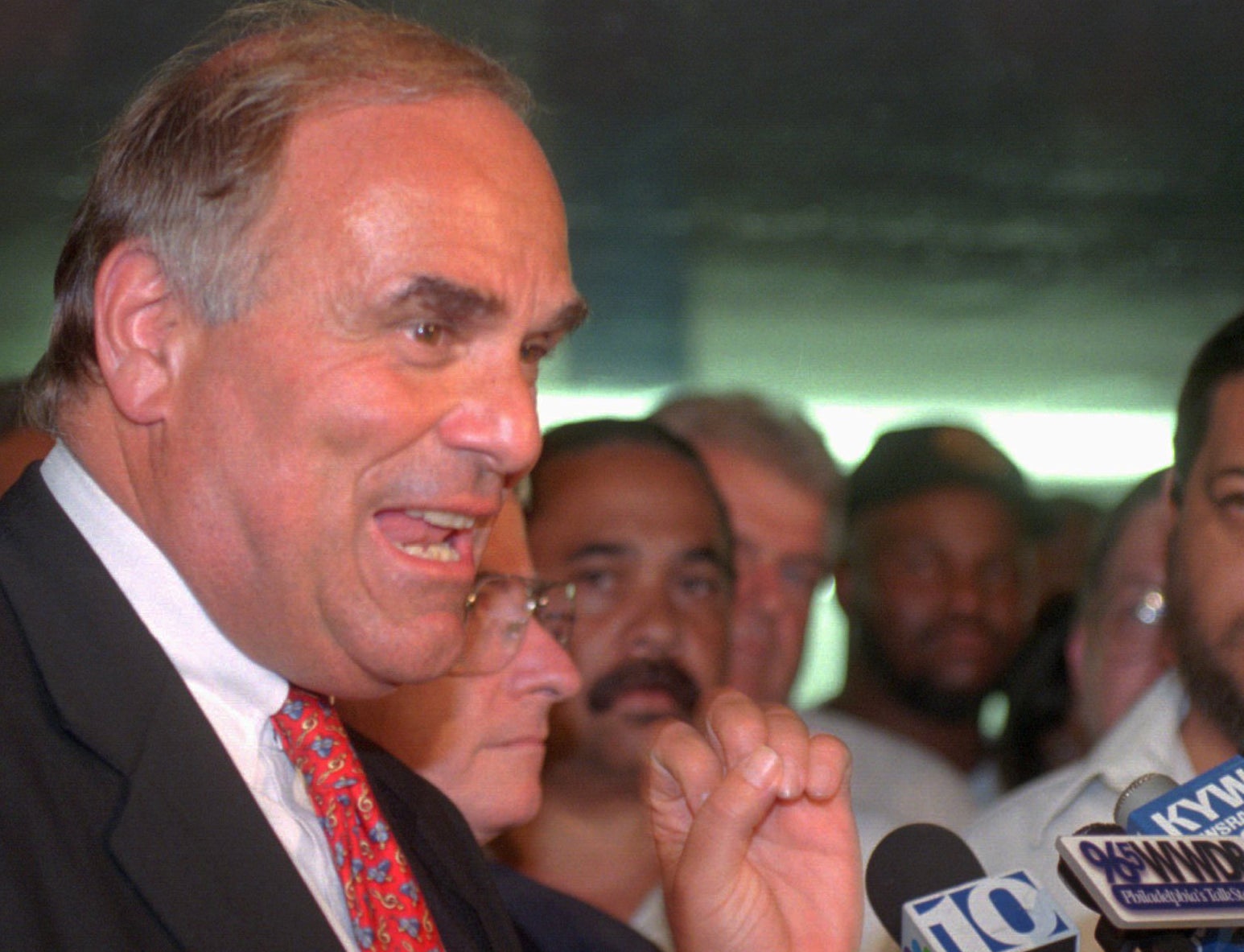 Then-Philadelphia-Mayor Ed Rendell speaks to reporters at the conclusion of the SEPTA strike in 1998. (AP Photo/Rusty Kennedy) 
