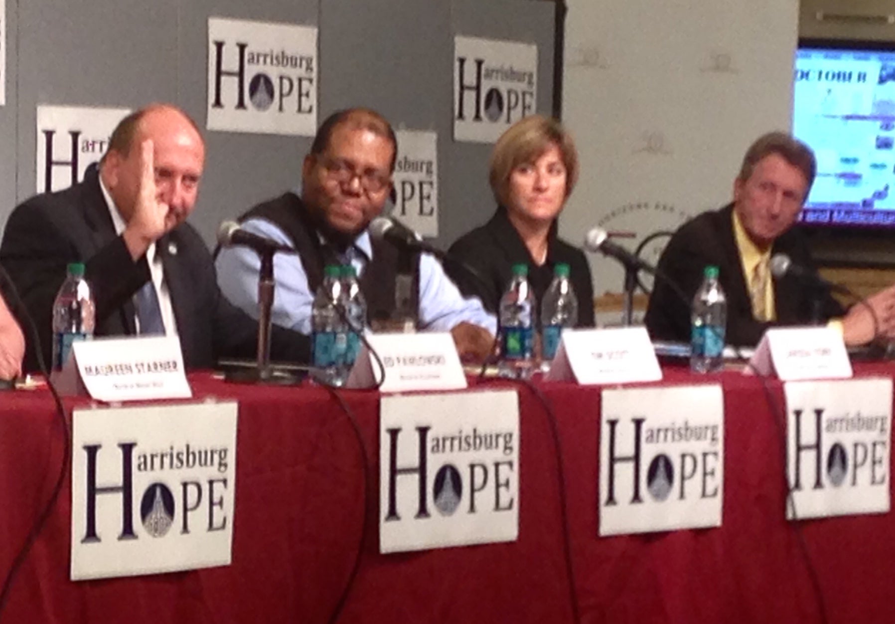  Allentown Mayor Ed Pawlowski, Carlisle Mayor Tim Scott, Lemoyne Mayor Larissa York and Highspire Mayor John Hoerner at Harrisburg Hope's mayoral summit. (Emily Previti/WIFT) 