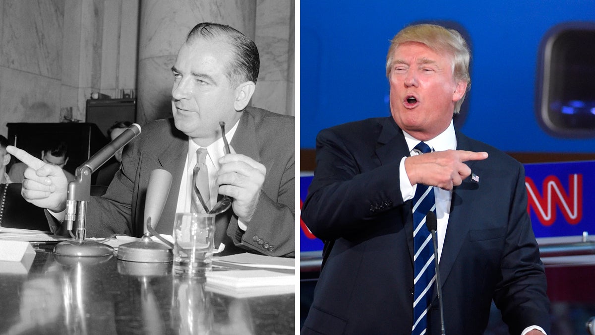 Left: Sen. Joseph McCarthy (R-Wis) wags his finger during a hearing in 1954. (AP Photo) Right: Presidential candidate Donald Trump wags his finger during a GOP debate in 2016. (AP Photo/Andrew Harnik)
