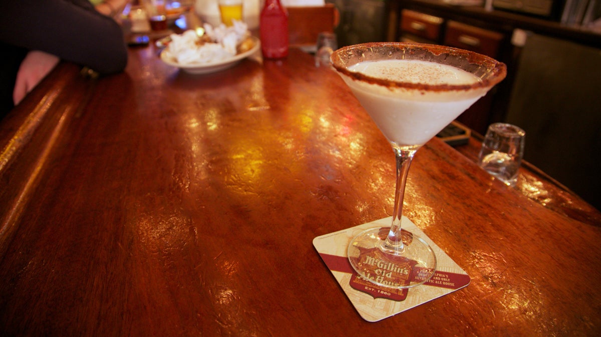  For the holidays, McGillin’s Olde Ale House is mixing seasonal cocktails, including an egg nog martini. (Nathaniel Hamilton/for NewsWorks) 