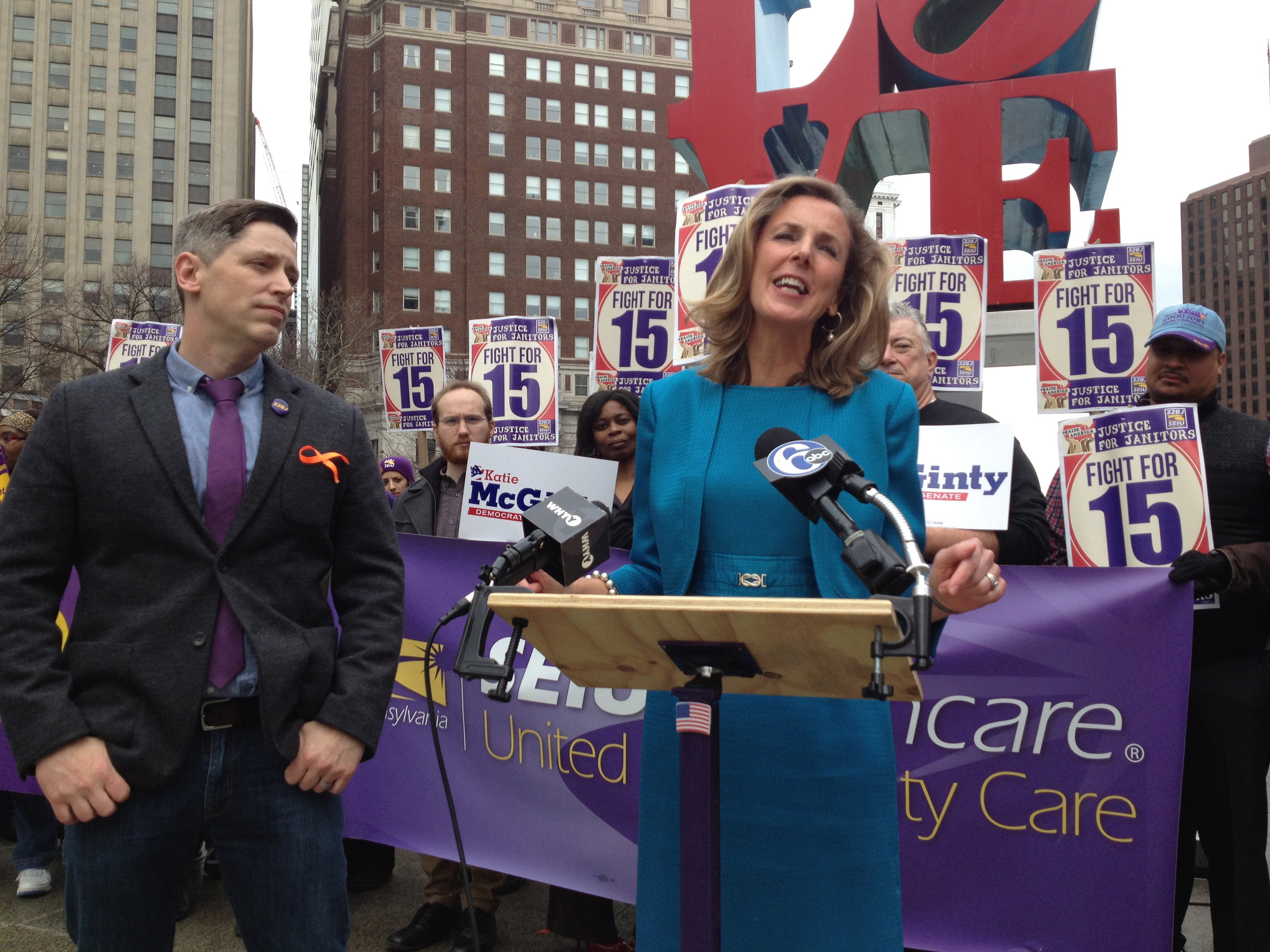  U.S. Senate candidate Katie McGinty (right) with Gabe Morgan, Pennsylvania Director of the union SEIU 32BJ (Newsworks photo/Dave Davies) 