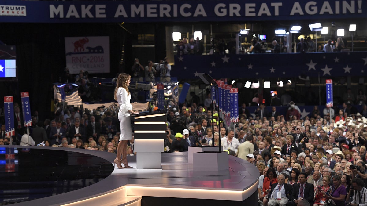 Melania Trump addresses delegates during the opening day of the Republican National Convention in Cleveland