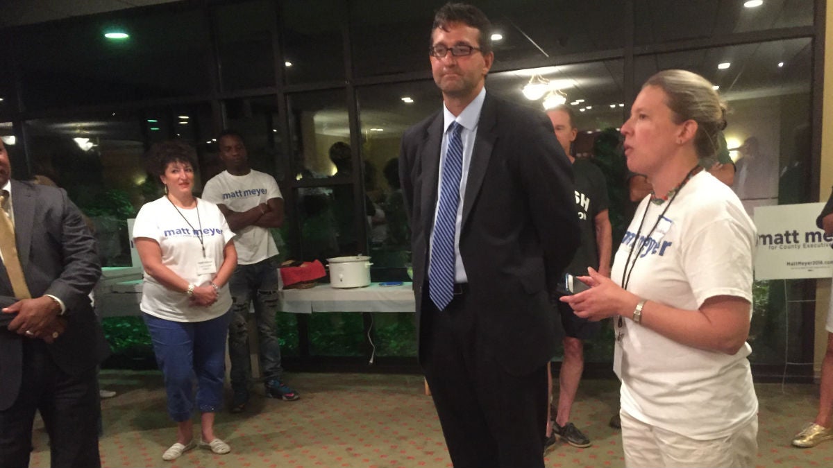 Matt Meyer spoke to supporters and his campaign team after winning the New Castle County Executive democratic primary race. (Zoe Read/Newsworks).