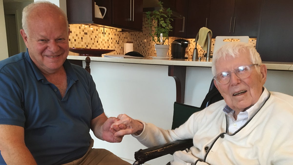 Martin Seligman (left) and Aaron Beck (right) meet inside Beck's apartment about once a month (Elana Gordon/WHYY)