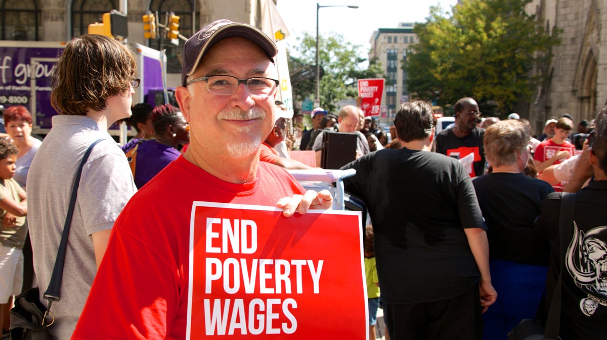  Michael Whitehead from Chester County took the day off work, without pay, to join fast food workers protesting in Philadelphia, September 2014. (Nathaniel Hamilton/for NewsWorks) 