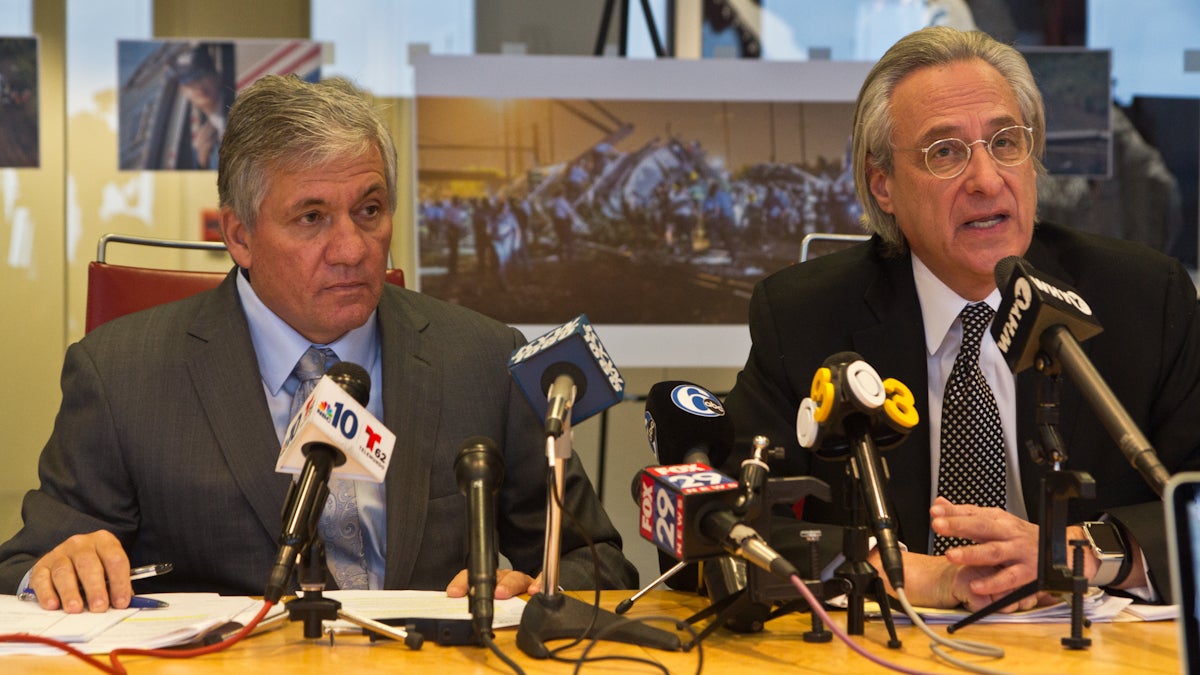  Attorneys Robert J. Mongeluzzi (left) and Tom Kline,  represent 29 of the more than 200 passengers injured and killed in the Amtrak derailment in North Philadelphia last May. All 188 cases filed have been consolidated in U.S. District Court in Philadelphia. (Kimberly Paynter/WHYY) 