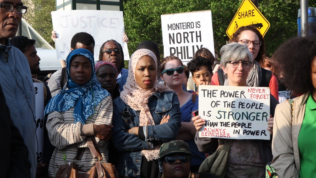  Supporters of dismissed professor Dr. Tony Monteiro gather outside Temple's Morgan Hall to demand his reinstatement. (Kimberly Paynter/WHYY) 