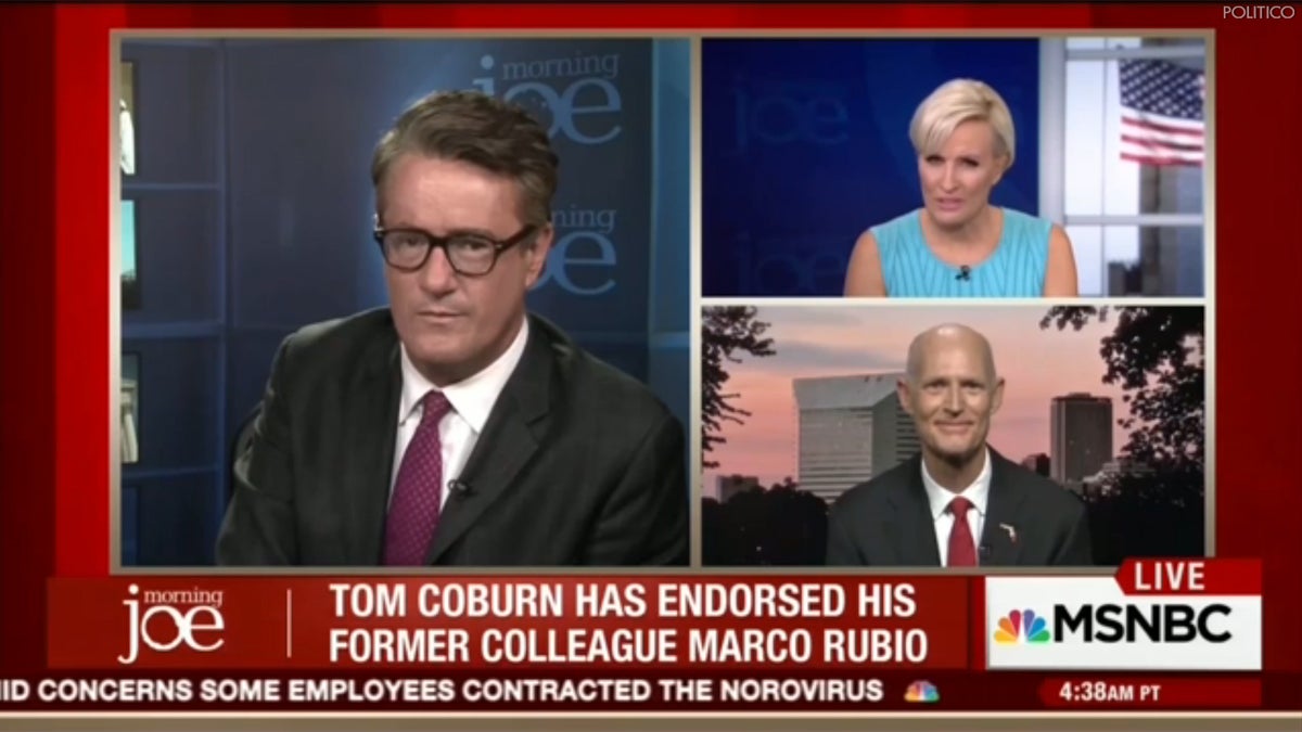 Screen capture of the march 10 broadcast of MSNBC’s ‘Morning Joe’ with (clockwise from left) co-hosts Joe Scarborough and Mika Brzezinski