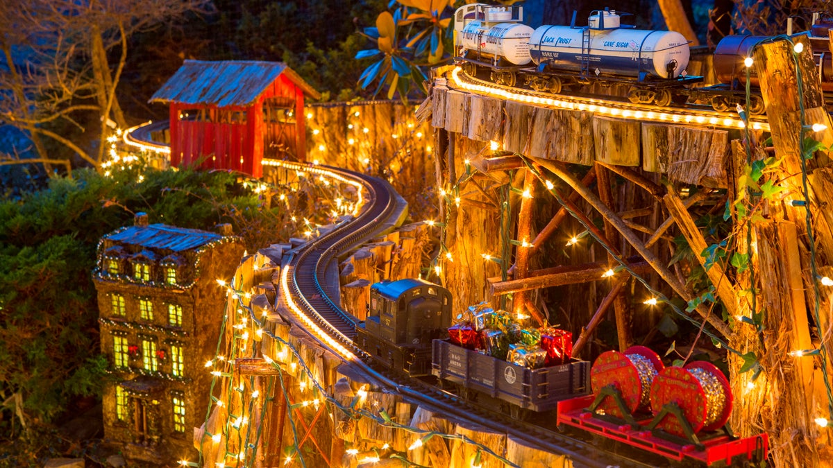  Morris Arboretum's popular Holiday Garden Railway returns with model trains in action, decorated for the holidays with thousands of twinkling lights on an outdoor quarter-mile track. Photo by Mark Stehle. 