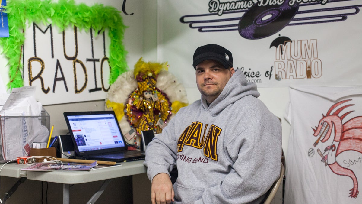 Joe Anderson, the producer of Mum Radio, an internet radio station that features mummer's music in the basement of his South Philadelphia home where he broadcasts the show.  (Brad Larrison/ro NewsWorks)