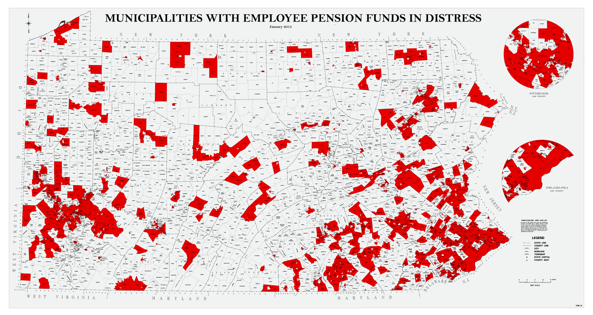  Pennsylvania's municipal pensions were running a $7.7 billion combined deficit last year. (map courtesy Auditor General's office) 