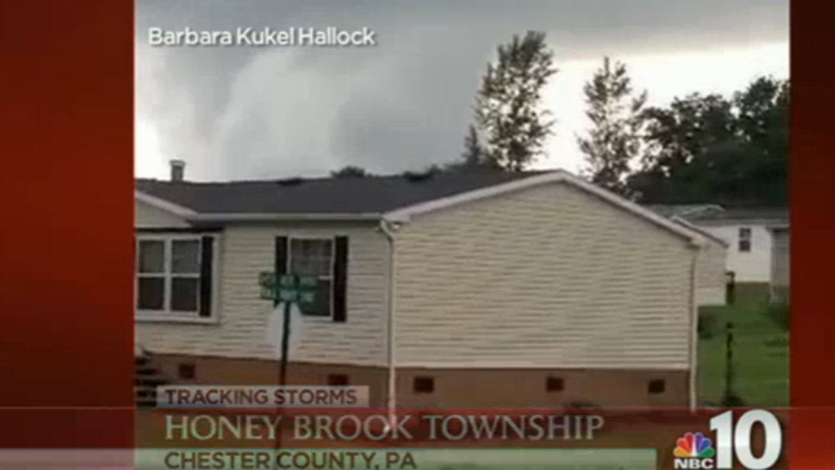  Forecasters confirmed the category EF-1 twister Wednesday after surveying damage in Honey Brook, about 40 miles northwest of Philadelphia.(Electronic image via NBC10) 