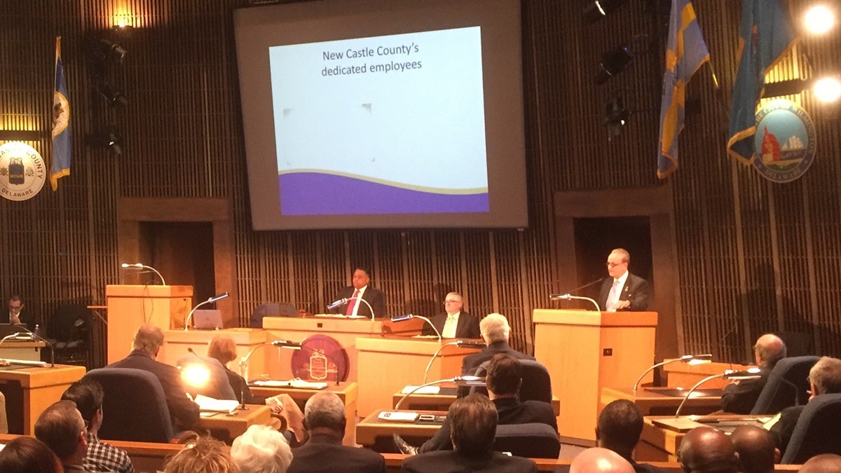 New Castle County Executive Tom Gordon delivers his budget address to County Council members Tuesday night in Wilmington. (Zoe Read/WHYY)