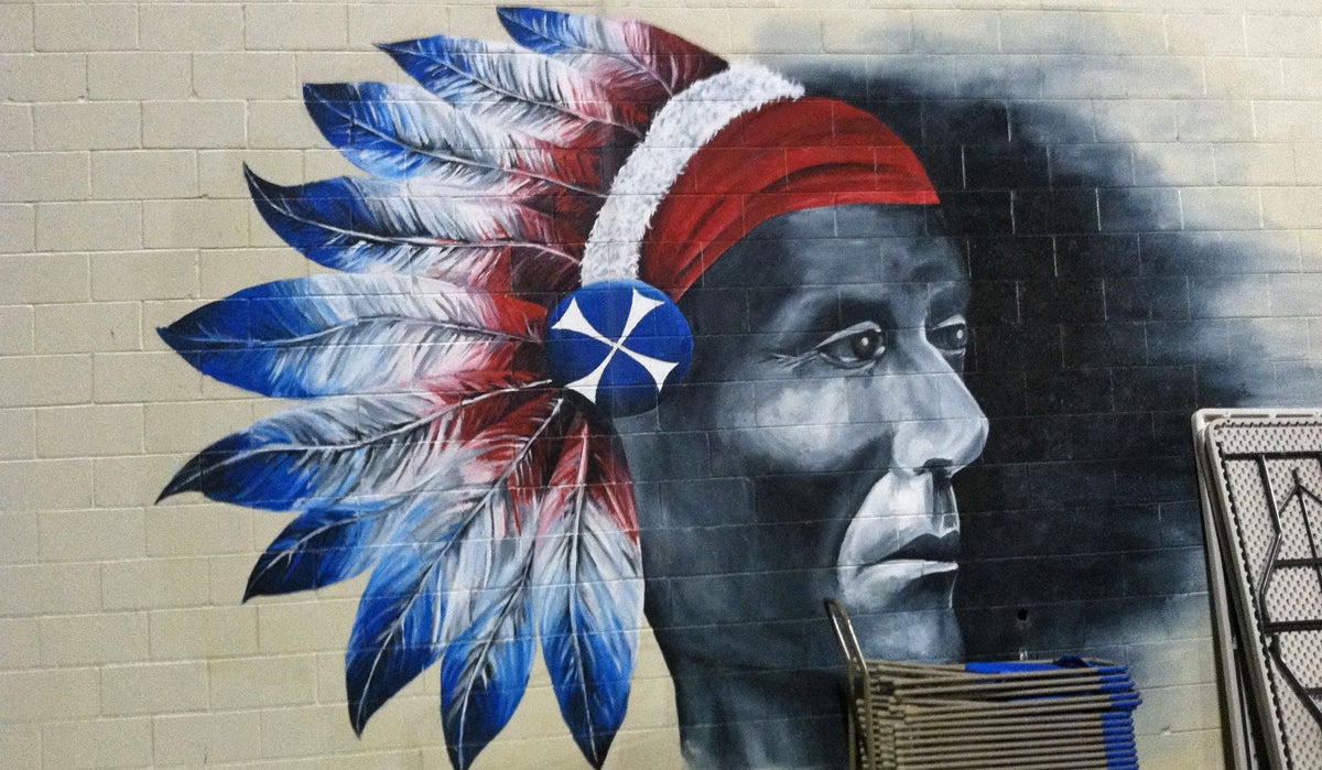 A mural of the Neshaminy High School mascot. (Eugene Sonn/WHYY) 