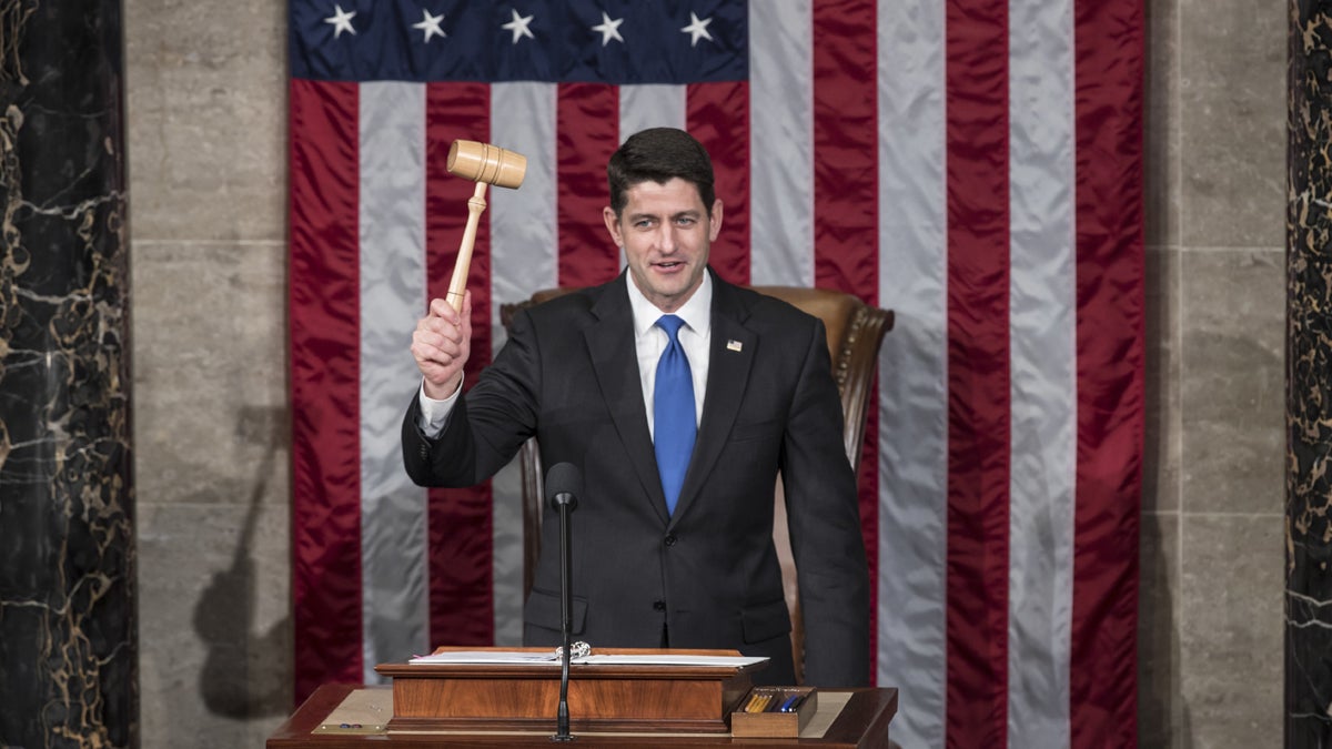 House Speaker Paul Ryan of Wis. holds the gavel after being re-elected to his leadership position during a ceremony in the House Chamber on Capitol Hill in Washington