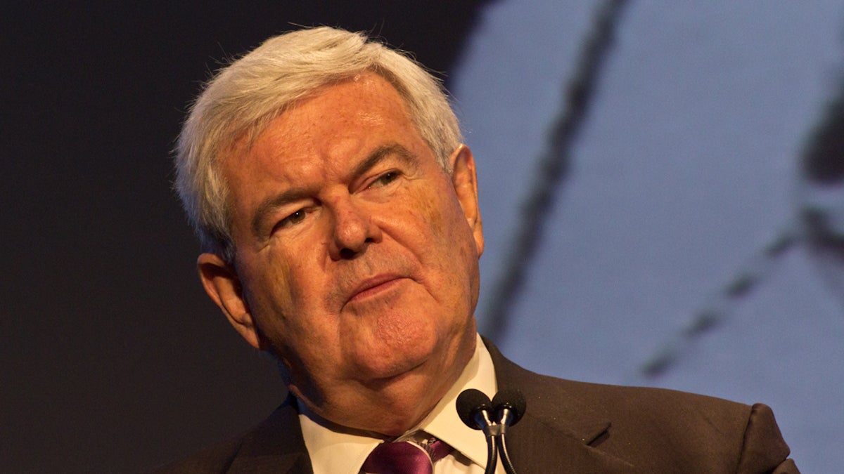  Former House Speaker Newt Gingrich addresses the Marcellus Shale Coalition's annual industry conference in Philadelphia. (Kimberly Paynter/WHYY) 
