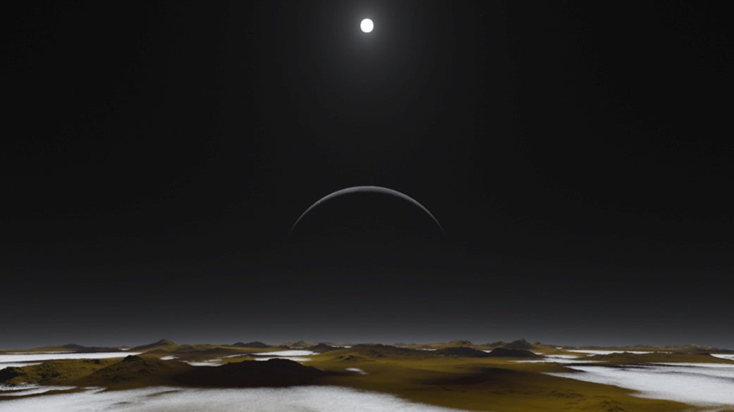 This illustration depicts daytime on the surface of Pluto with the sun high in the sky and Pluto's moon