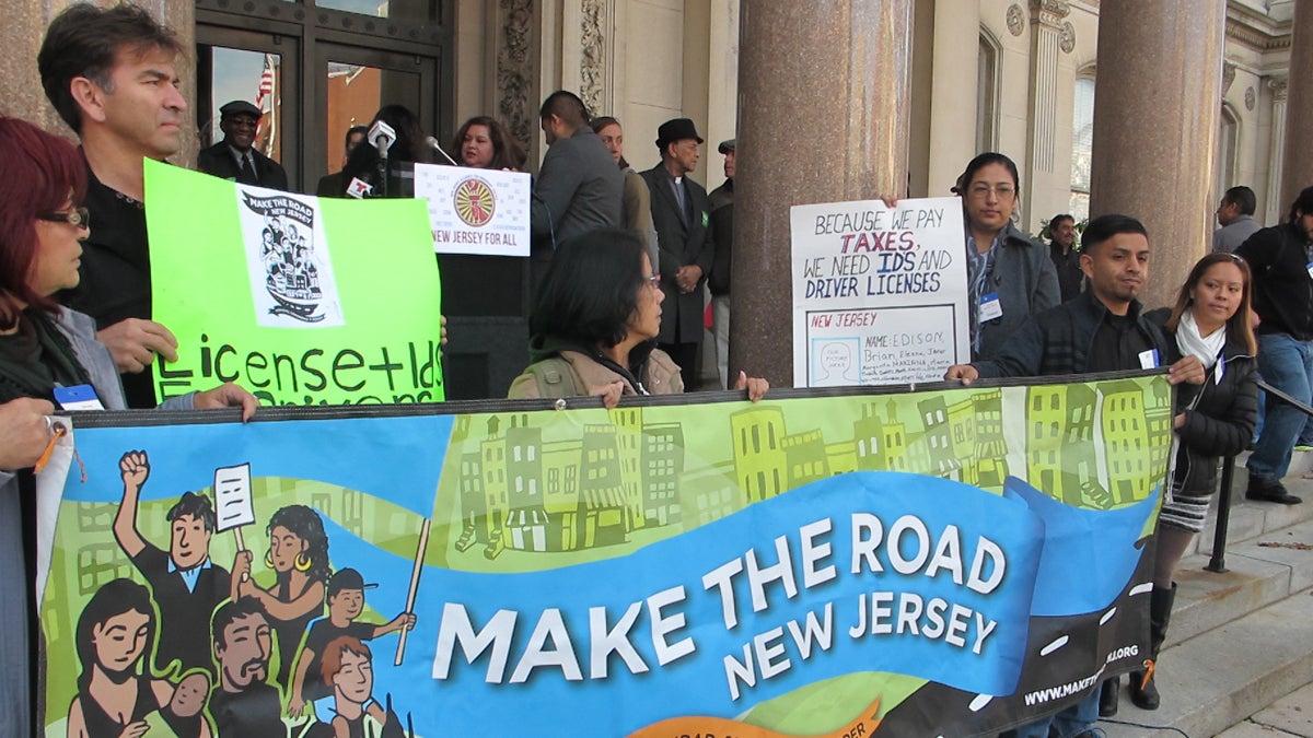  Advocates on steps of the New Jersey Statehouse urge support for a measure that would expand driving privileges to immigrants. (Phil Gregory/for NewsWorks) 