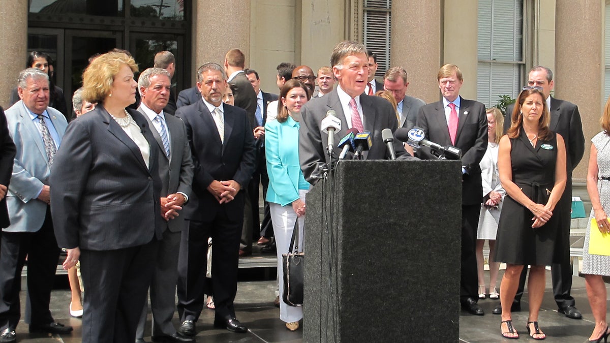  Business leaders gather on the steps of the New Jersey Statehouse to voice opposition to a tax hike proposal in the Democrats' new state budget plan. (Phil Gregory/for NewsWorks)) 