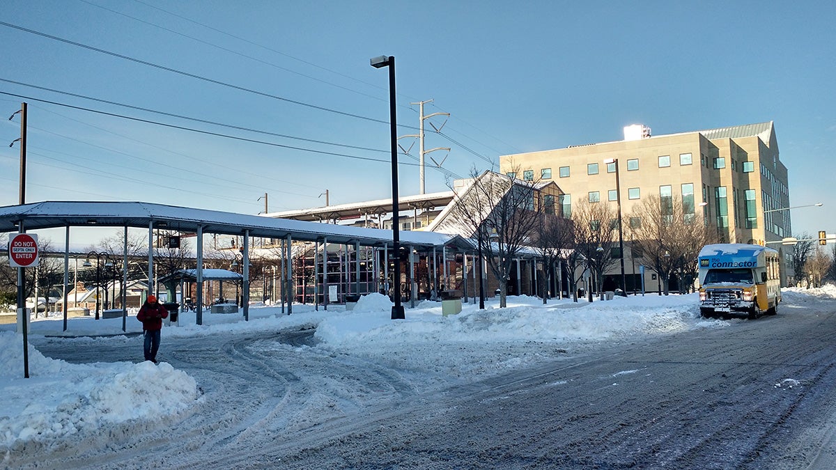  At Norristown Transportation Center, the major commuting hub in Montgomery County, the High Speed Line is still out of commission between here and Bryn Mawr, but buses and regional rail appeared to be rolling along with some delays. (Katie Colaneri/WHYY) 