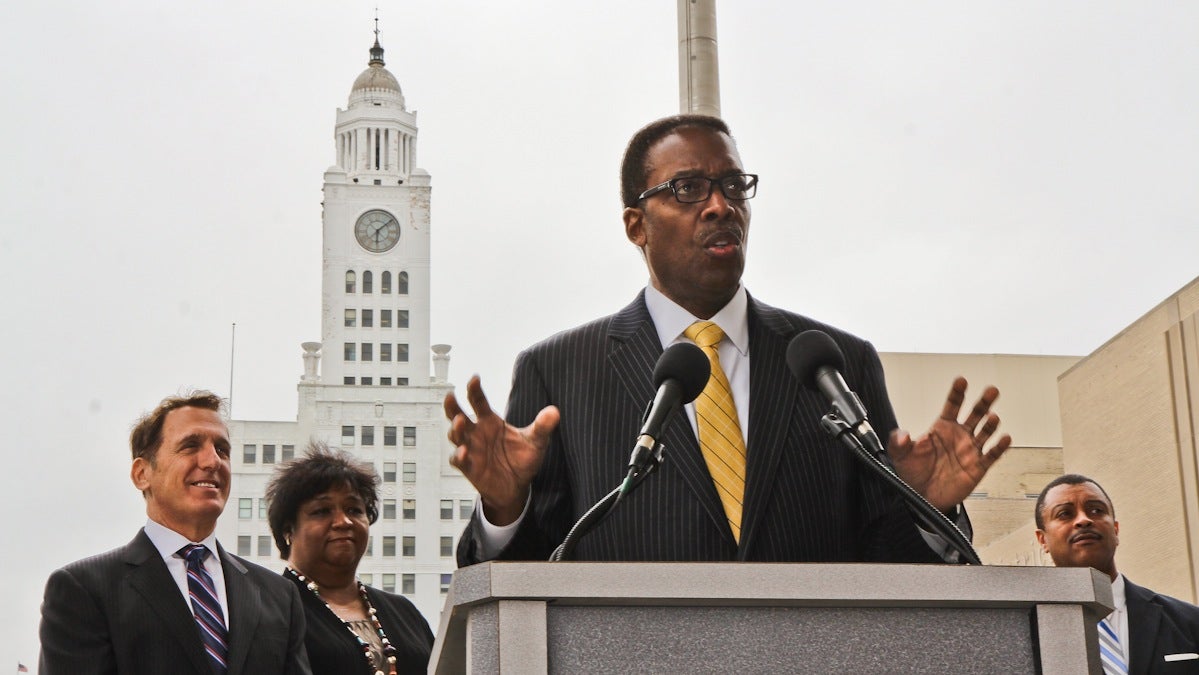  Council President Darrell Clarke announces the new name of North Broad Street: Avenue North Renaissance.  Clarke and others hope it will make the area more development friendly. (Kimberly Paynter/WHYY) 
