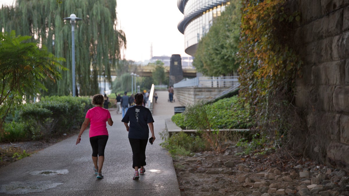  People walk on the North Shore Trail along the Allegheny River in Pittsburgh, Pa. (Lindsay Lazarski/WHYY) 