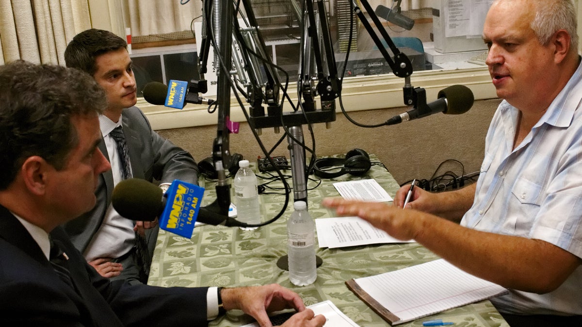 Incumbent Michael Fitzpatrick (R) and opponent Kevin Strouse (D) debate on air at the WNPV-AM in Lansdale. (Bas Slabbers/for NewsWorks)
