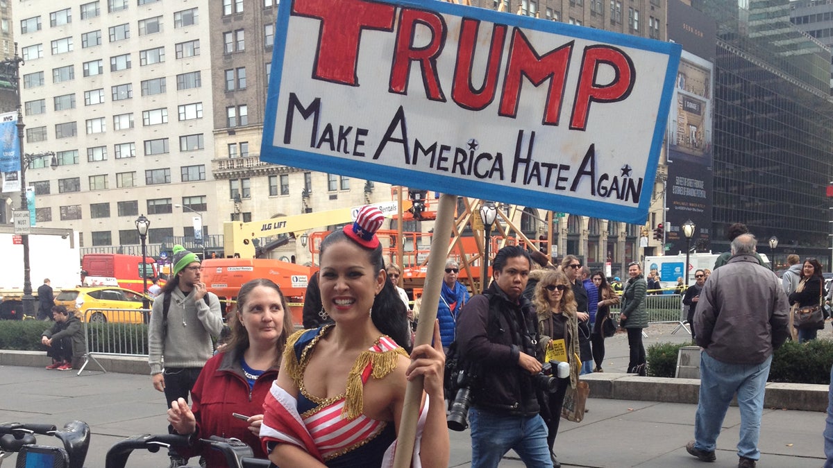  Marni Helasa protests outside New York City's  The Plaza Hotel where Donald Trump is speaking (Dave Davies/WHYY) 