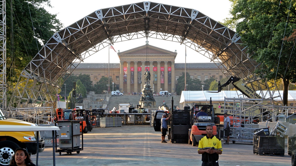  A stage is erected at Eakins Oval for the Festival of Families and the papal Mass. (Emma Lee/WHYY) 