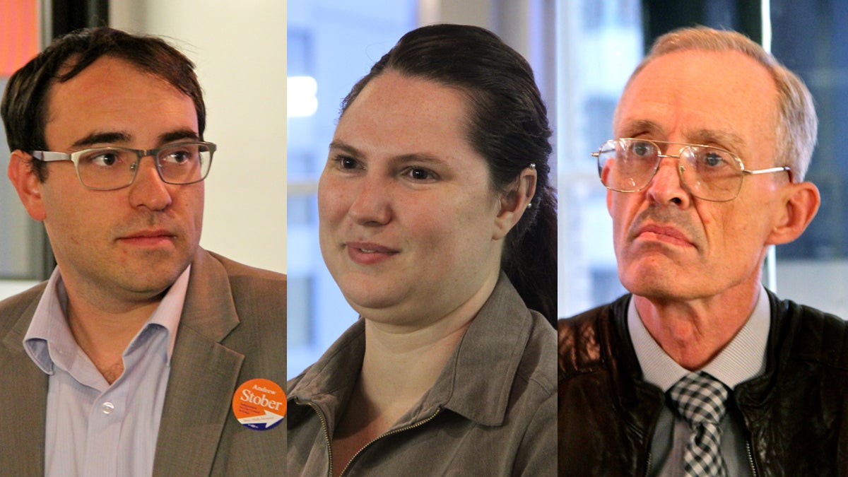  (From left) Independent candidates vying for City Council-at-large: Andrew Stober; the Green Party's Kristin Combs; John Staggs of the Socialist Workers Party; and (not pictured) Sheila Armstrong, a community activist from North Philadelphia (Emma Lee/WHYY) 