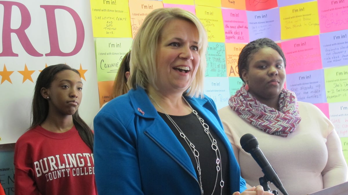  Aimee Belgard, the Democratic congressional candidate for New Jersey's 3rd District, speaks at a press conference at her campaign headquarters in Willingboro, Burlington County. (Katie Colaneri/WHYY) 