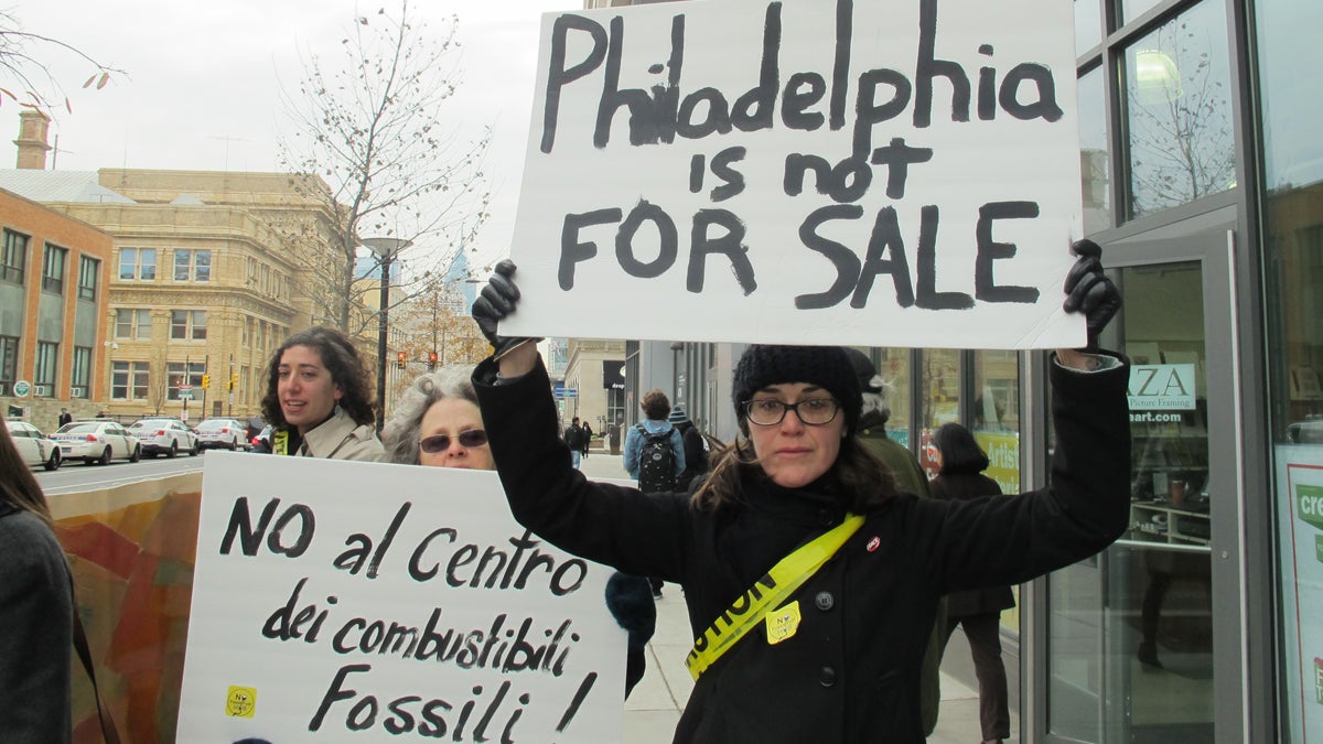  South Philadelphia resident Maria Kretschmann joined dozens of protesters outside Drexel University’s student center where business leaders met to discuss plans for a regional 'energy hub.' Kretschmann said she is concerned about the impact of burning fossil fuels on public health and a warming planet.(Katie Colaneri/WHYY) 