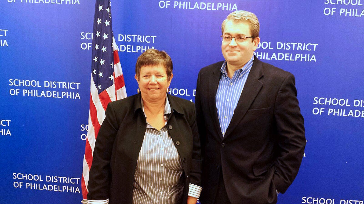  Marjorie Neff and Bill Green present a unified front during a news conference held at Philly schools headquarters Tuesday (Kevin McCorry/WHYY) 