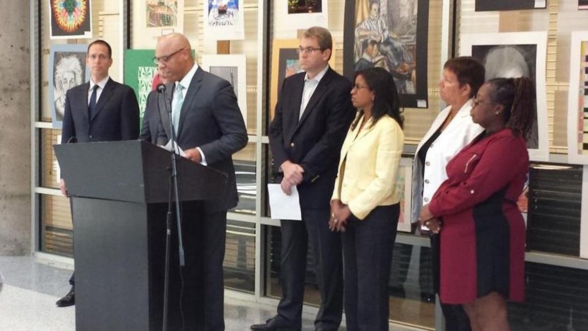  Superintendent Hite says schools will open on time but with another round of 'hopefully temporary' cuts aimed at narrowing a large budget gap. At Friday's announcement were, from left: Deputy Paul Kihn, Hite, SRC members Bill Green, Farah Jimenez, Marjorie Neff, and Sylvia Simms (Kevin McCorry/WHYY) 