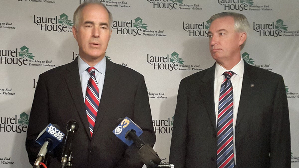 U.S. Sen. Bob Casey and Montgomery County District Attorney Kevin Steele speak at Laurel House