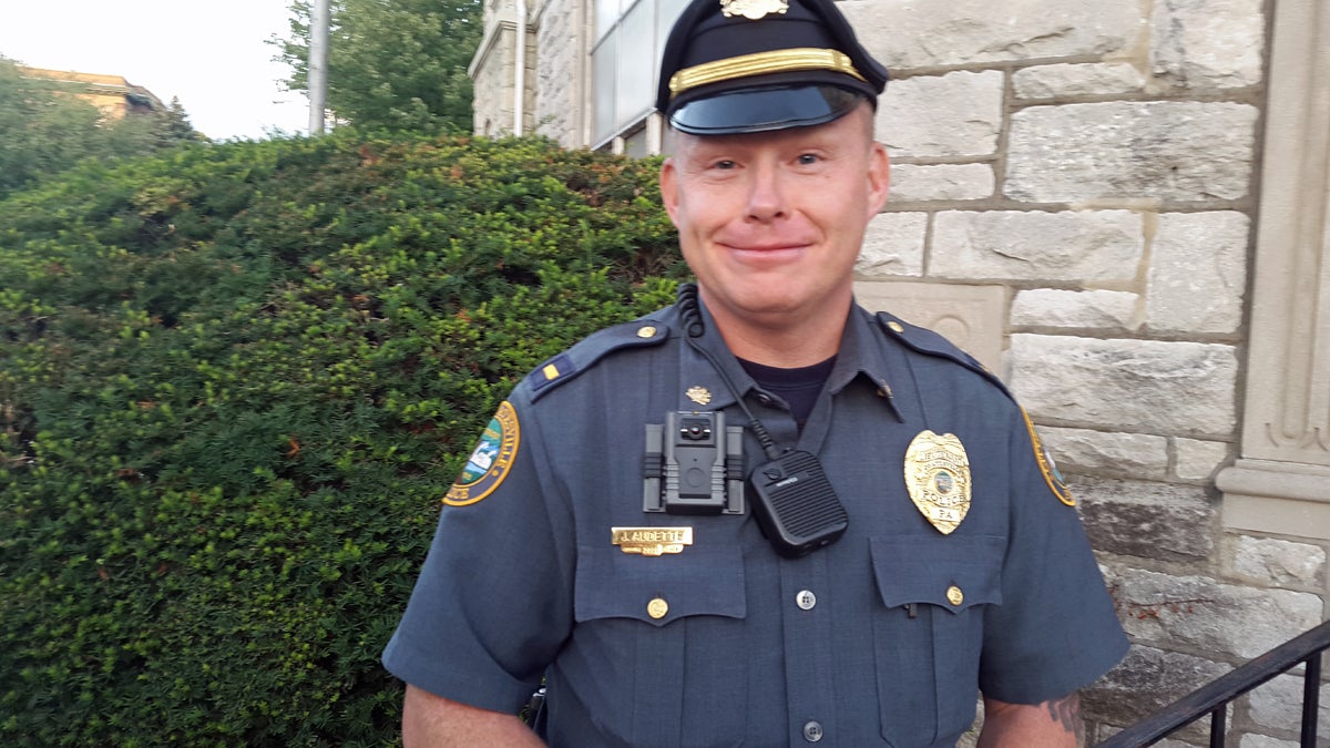  Lt. James Audette with the Coatesville Police Department sports one of eight new body cameras purchased by the force. (Laura Benshoff/WHYY) 