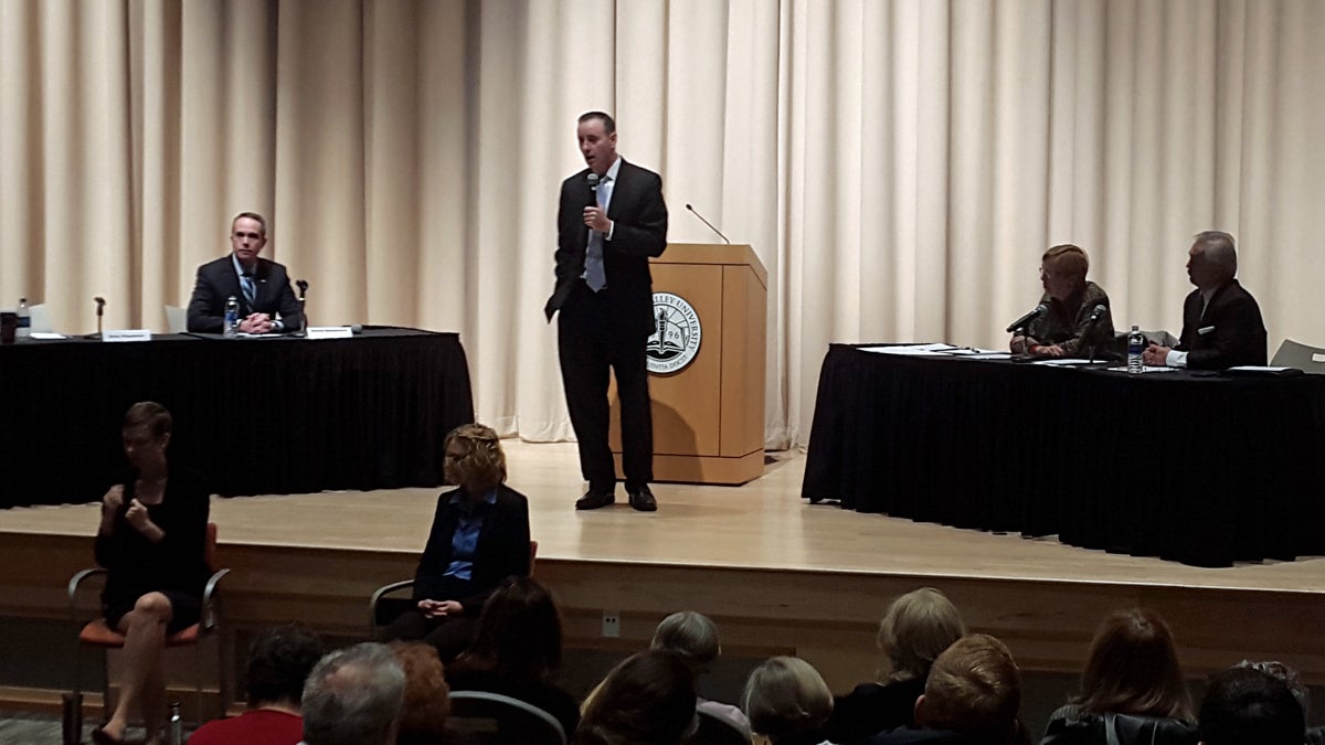 Bucks county Republican congressional candidate Brian Fitzpatrick speaks during Friday morning's debate at Del Val University. (Laura Benshoff/WHYY)