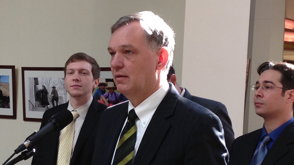  John Hanger, a former Department of Environmental Protection secretary, announces his withdrawal from the Pa. gubernatorial primary race at a a news conference in Harrisburg Thursday, Mar. 13, 2014. (Mary Wilson/WHYY) 