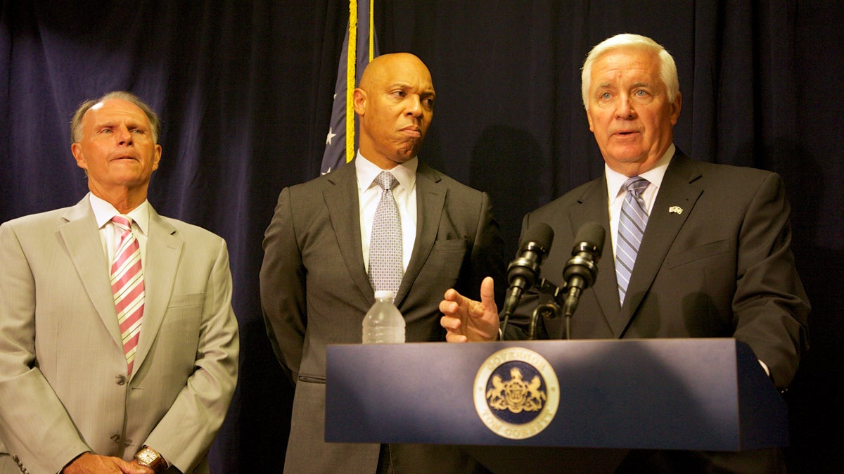  Pennsylvania Gov. Tom Corbett (right), Superintendent William Hite (center) and Rep. William Adolph (R-Delaware County), during a press conference in Philadelphia on Wednesday. (Nathaniel Hamilton/for NewsWorks) 