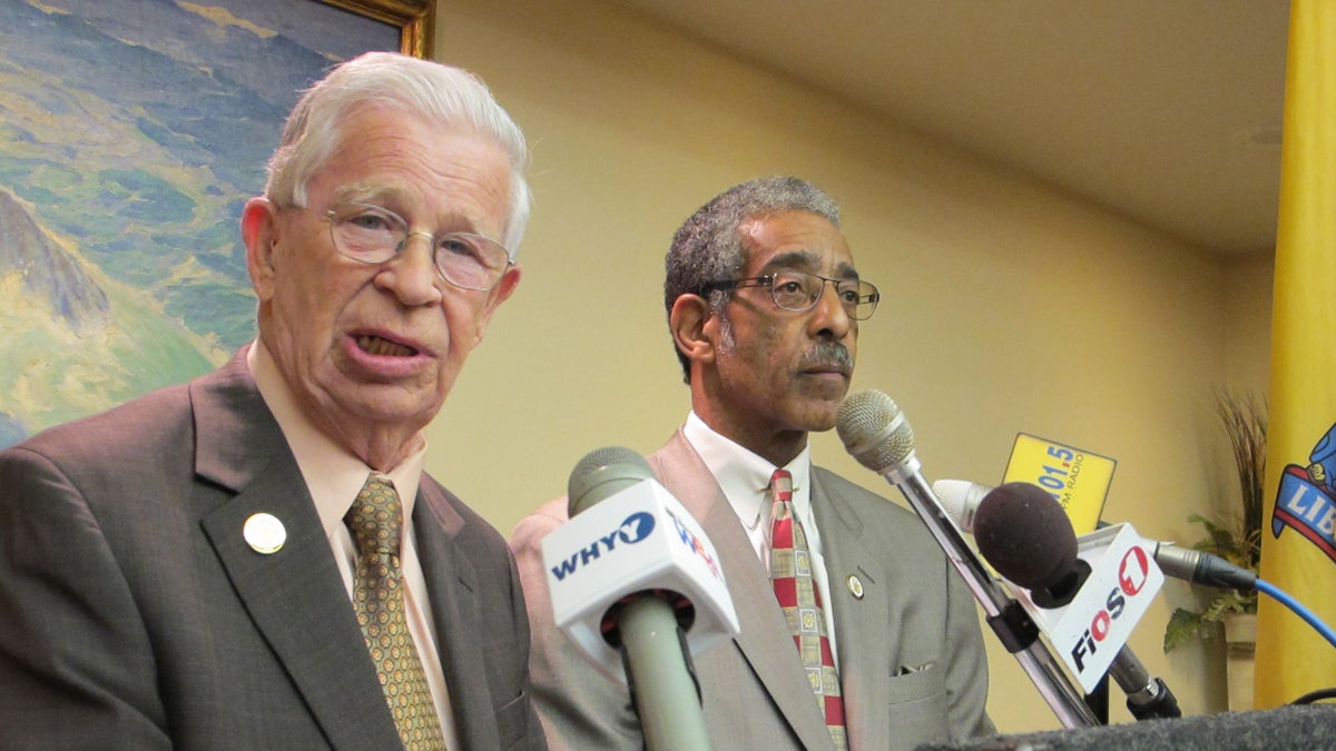 N.J. Sens. Sam Thompson and Ron Rice urge the legislature's investigation committee to look at spending in Newark. (Phil Gregory/for NewsWorks) 