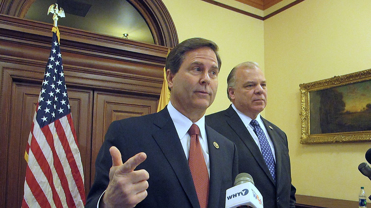  U.S. Rep. Donald Norcross and Senate President Steve Sweeney announce their proposals for boosting the minimum wage at Statehouse news conference Tuesday. (Phil Gregory/WHYY) 