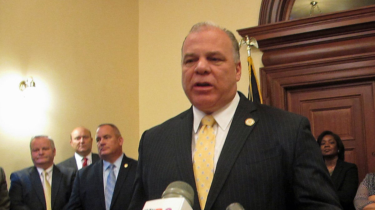  Senate President Steve Sweeney, joined by doctors and public employee union representatives, announces his proposal for pilot health care program (Phil Gregory/WHYY) 