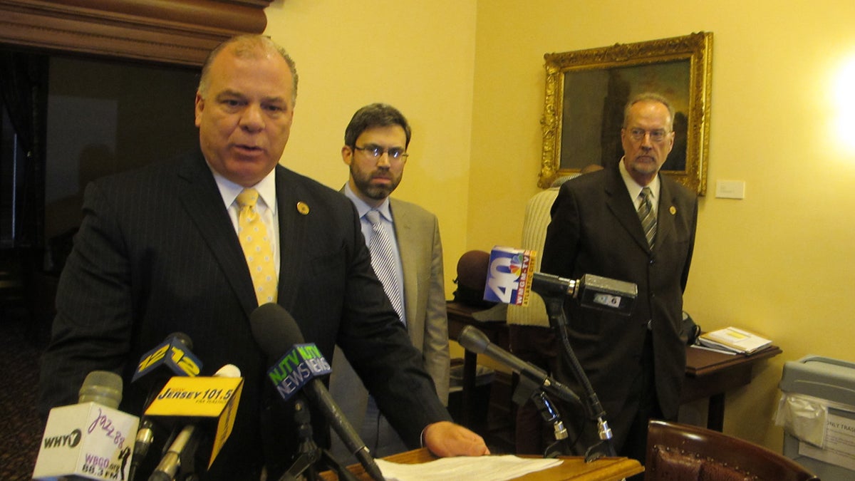  Senate President Steve Sweeney (left), Environment New Jersey director Doug O'Malley, and Senator Jim Whelan urge the BPU to implement legislation that would encourage the development of offshore wind projects (Phil Gregory/for NewsWorks) 