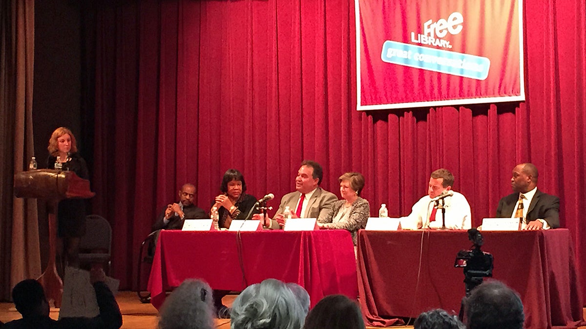  Judges vying for three coveted spots on the Pennsylvania Supreme Court took part in a Community Forum Q&A at the Free Library of Philadelphia Wednesday night (Steve Trader/WHYY) 