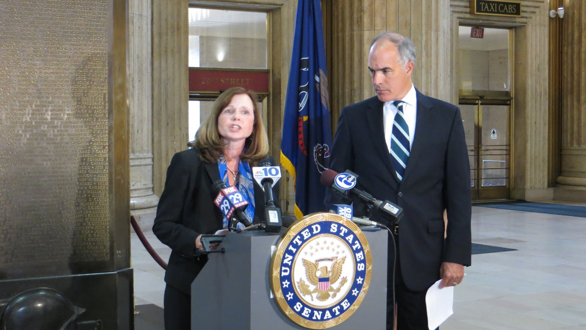  U.S. Sen. Bob Casey and Maura McInerney of the Education Law Center of Pennsylvania hold a press conference at 30th Street Station to make the case for more funding for school nurses.(Taunya English/WHYY) 