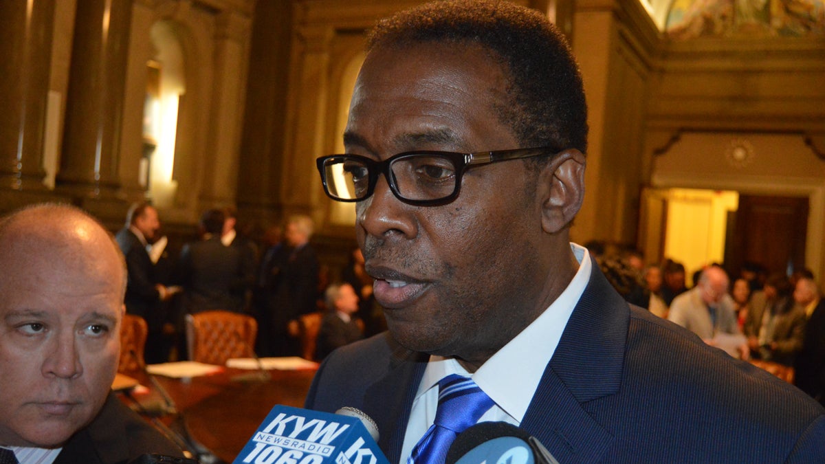  Philadelphia City Council President Darrell Clarke discusses his plan for better regulation of propane tanks in the city. (Tom MacDonald/WHYY) 